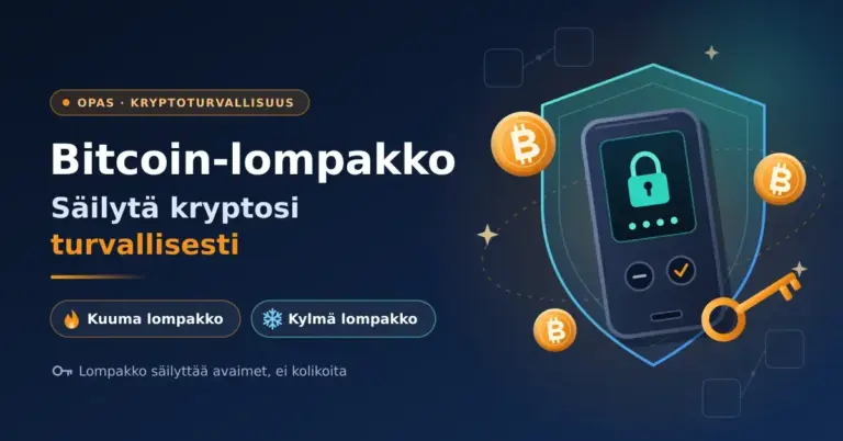 Kuvitus, jossa tummansinisellä taustalla laitelompakko lukkokuvakkeineen suojakilven edessä, kultaisia kolikoita ja avain sekä teksti ”Bitcoin-lompakko – Säilytä kryptosi turvallisesti”.