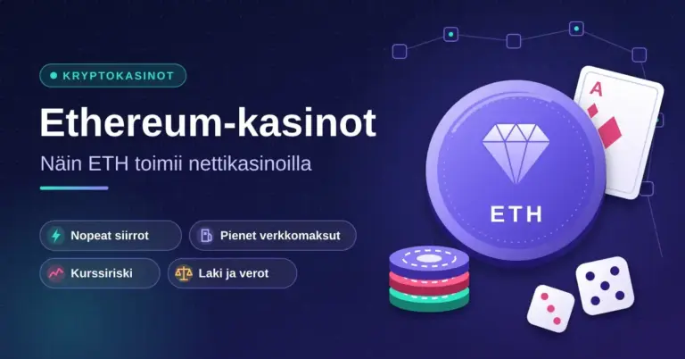 Violetti ETH-kolikko, pelimerkkipino, noppia ja pelikortti tummalla lohkoketjutaustalla sekä teksti "Ethereum-kasinot – Näin ETH toimii nettikasinoilla".