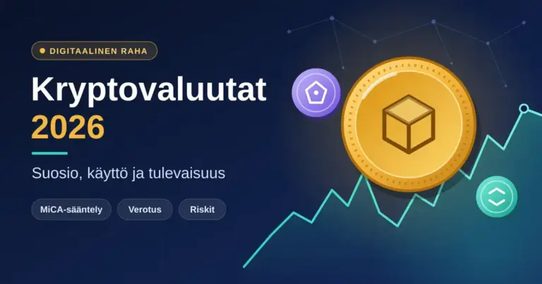 Tummansininen kuvitus, jossa on otsikko "Kryptovaluutat 2026 – Suosio, käyttö ja tulevaisuus", aihetunnisteet MiCA-sääntely, verotus ja riskit sekä kultainen kryptokolikko voimakkaasti heilahtelevan mutta nousevan kurssikäyrän edessä.