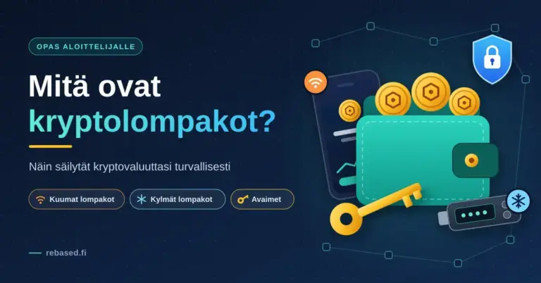 Kuvituskuva, jossa kryptolompakkoa kuvaava turkoosi lompakko kultaisine kolikoineen, avain, älypuhelimen kuuma lompakko, laitelompakko eli kylmä lompakko sekä suojakilpi ja otsikko "Mitä ovat kryptolompakot?".