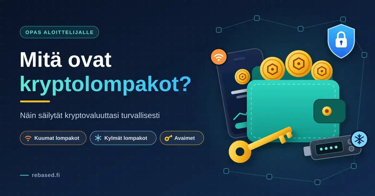 Kuvituskuva, jossa kryptolompakkoa kuvaava turkoosi lompakko kultaisine kolikoineen, avain, älypuhelimen kuuma lompakko, laitelompakko eli kylmä lompakko sekä suojakilpi ja otsikko "Mitä ovat kryptolompakot?".