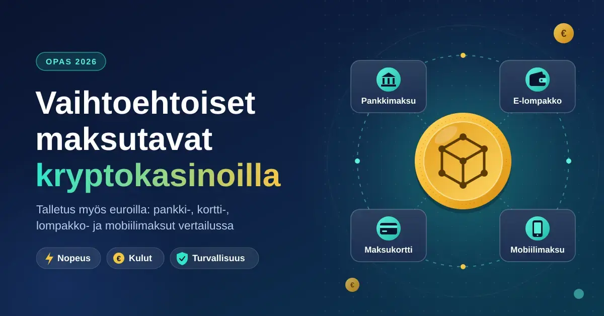 Kryptokolikko, jonka ympärillä on vaihtoehtoisten maksutapojen kuvakkeet – pankkimaksu, e-lompakko, maksukortti ja mobiilimaksu – sekä otsikko ”Vaihtoehtoiset maksutavat kryptokasinoilla”.